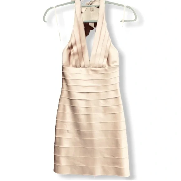 BCBGMAXAZRIA Champagne Tiered Halter Dress SZ 2P - Picture 2 of 3